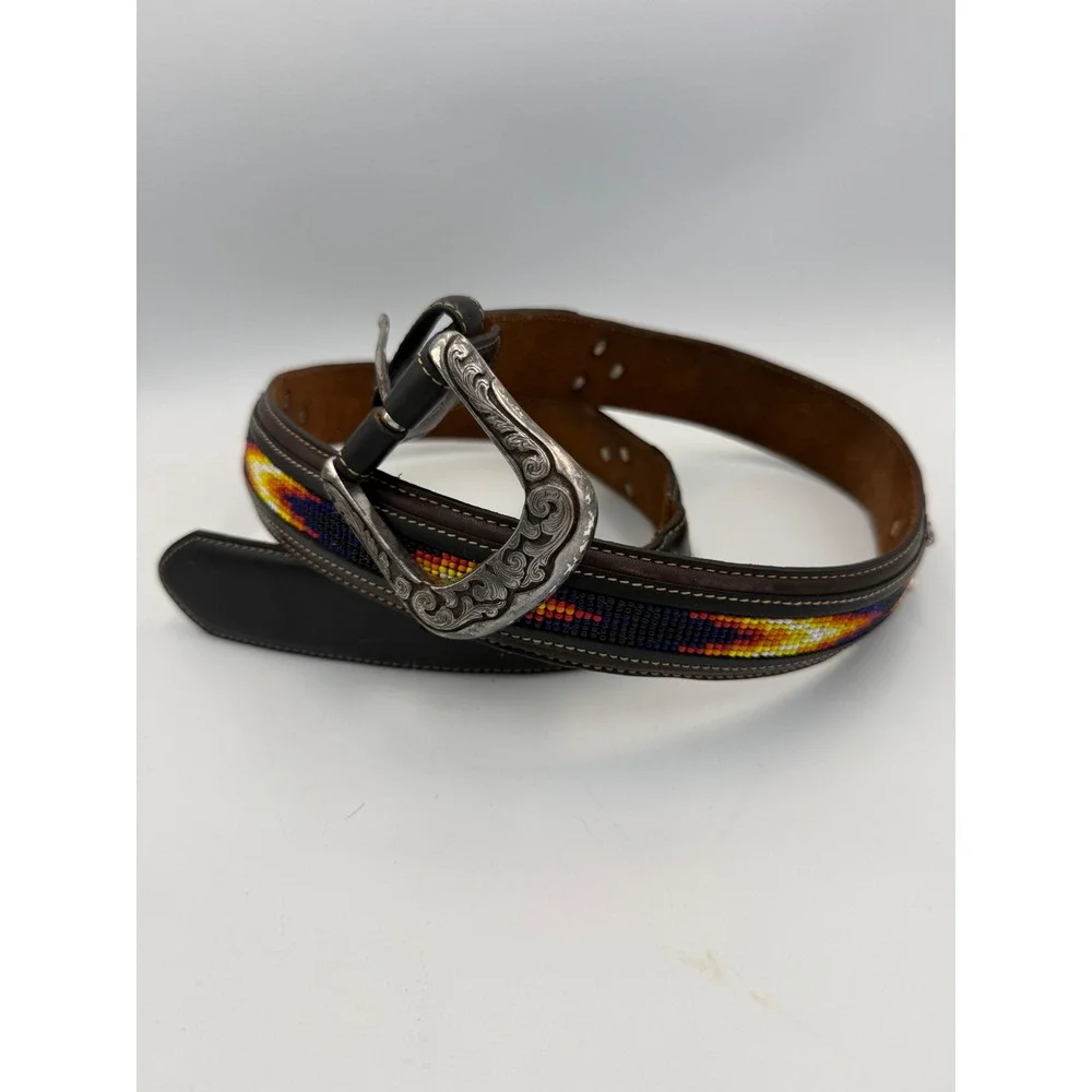 Justin Mens Leather Belt Beaded Western Style Silver Buckle Black Yellow Red